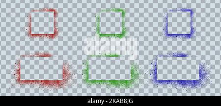 Spray paint frames, colour brush stencil graffiti borders square and rectangular shapes. Grunge airbrush texture, inky contour forms with red green blue splashes and drips, isolated Vector set Stock Vector