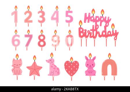 Girl birthday candles set in pink colors, number candles, different shapes, isolated on white, EPS10 vector illustration Stock Vector