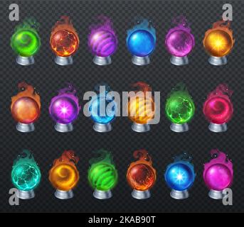 Magic crystal balls, fortune teller globes, oracle and halloween wizard glass spheres. Glowing orbs with magical lights and mystery glow isolated on transparent background, Realistic vector 3d set Stock Vector