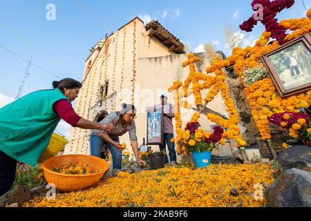 Morelia, Mexico, 1 Nov 2022, A family decorates a grave with marigold flower petals during the Day of the Dead celebration in the cemetery of Arocutin, Michoacan, Mexico. The indigenous Purepecha of this village prepare this annual ritual of remembrance by constructing altars with marigolds, candles and the favorite food or drink of the deceased.  The vigil takes place the night of November 1st and has become a major tourist attraction in the central Mexican state of Michoacan.  Brian Overcast/Alamy Live News Stock Photo