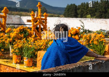 Morelia, Mexico, 1 Nov 2022, A Purepecha woman aprises her work on an altar during Day of the Dead celebration in the cemetery of Erongaricuaro, Michoacan, Mexico. The indigenous Purepecha of this village prepare this annual ritual of remembrance by constructing altars with marigolds, candles and the favorite food or drink of the deceased.  The vigil takes place the night of November 1st and has become a major tourist attraction in the central Mexican state of Michoacan.  Brian Overcast/Alamy Live News Stock Photo