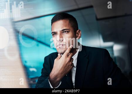 Cyber security man, digital transformation or computer coding for thinking web design engineer working on seo software or database. Infographic Stock Photo