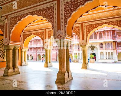 Chandra Mahal in City Palace, Jaipur, India. It was the seat of the Maharaja of Jaipur, the head of the Kachwaha Rajput clan. The Chandra Mahal palace Stock Photo