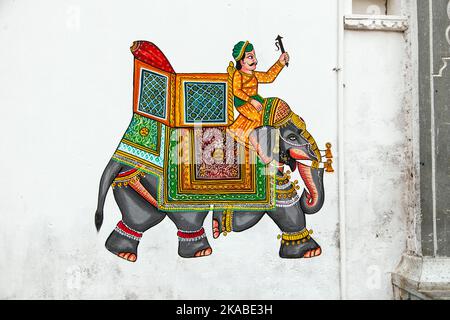 traditional wall painting in Udaipur at a local house Stock Photo