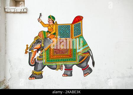 traditional wall painting in Udaipur at a local house Stock Photo