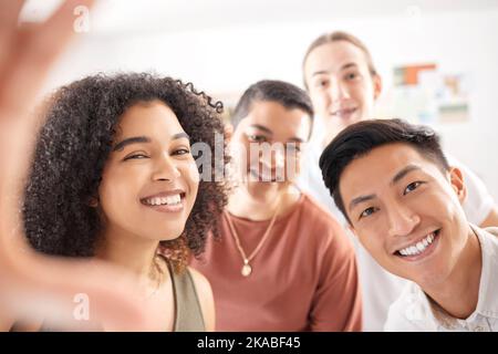Happy, smile and business team taking a selfie at a fun team building event or meeting in the office. Diversity, collaboration and portrait of Stock Photo