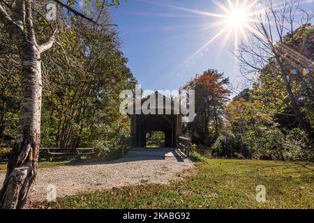 Carrollton, Georgia, USA-Oct. 20, 2022: View looking inside of the Shiloh Walking Trail Covered Bridge, built in 1993 and located behind the Shiloh Un Stock Photo