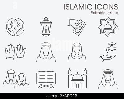 Islamic icons, such as muslim family, quran, ramadan and more. Editable stroke. Stock Vector