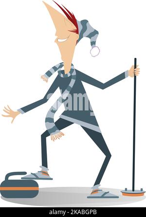 Smiling young man playing curling illustration. Man curling player with curling brush and a curling stone isolated on white Stock Vector