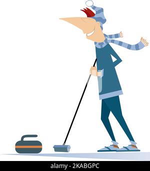 Smiling young man playing curling illustration. Man curling player with curling brush and a curling stone isolated on white Stock Vector