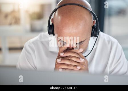 Burnout call center or consultant black man with headache for 404 computer error, financial stress or customer service with anxiety. Mental health Stock Photo