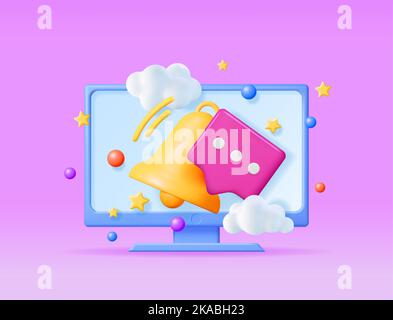 3D Notification Popup with Bell in Computer Stock Vector