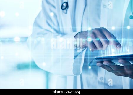 Hands, healthcare and future with a doctor using a tablet in a hospital with digital overlay or CGI. Data, ai and medical with a health professional Stock Photo