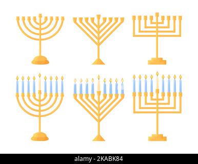 Hanukkah menorah isolated. Vector set of traditional Jewish holiday symbol. Chanukiahs of different shapes collection. Golden holders empty and with n Stock Vector