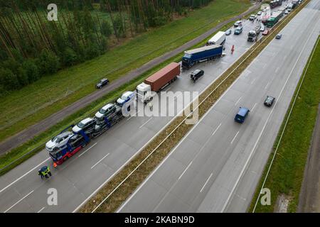 life corridor on the highway after a serious accident. Long blockage, work of emergency services is underway. Stock Photo