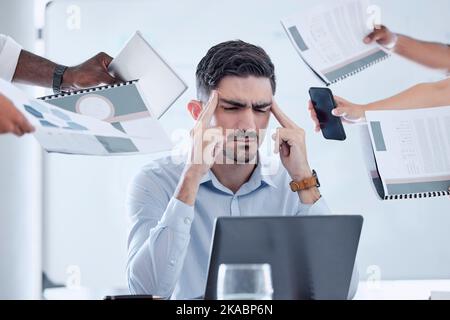 Businessman stress, headache and office chaos, anxiety and sad in crazy, busy and frustrated company. Burnout, deadline and poor time management Stock Photo