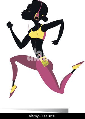 Running young African woman isolated illustration. Cartoon young African woman runs and listens music on player using headphones isolated on white ill Stock Vector