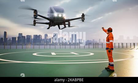 Autonomous driverless aerial vehicle fly across city, 3d render Stock Photo