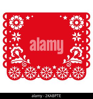 Christmas Papel Picado vector design with snowflakes and flowers amd empty space for greetings, Mexican red  festive winter paper cutout decoration Stock Vector