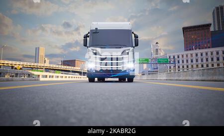 Autonomous delivery truck on street in city, 3d render Stock Photo