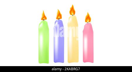 Four beautiful Advent Christmas burning candles. Holiday design with set of 4 colored candles different height isolated on white. Light Christmas Cand Stock Vector