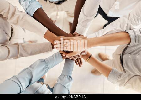Group hands stack, support business team and motivation solidarity together in office with diversity. Success hand teamwork, multicultural colleagues Stock Photo