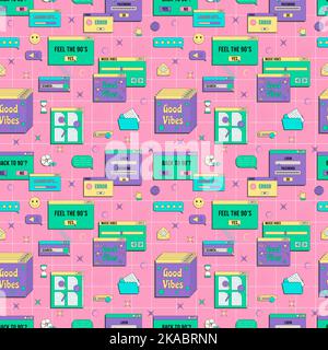 Vaporwave UI and UX elements seamless pattern. PC retro game frame. Nostalgic style 70s, 80s, 90s. Stock Vector