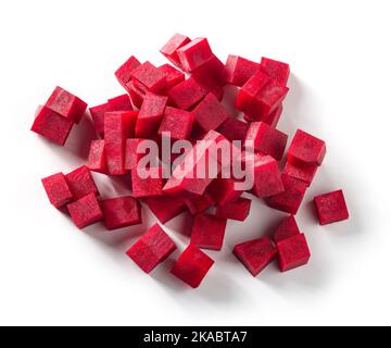 beetroot cubes isolated on white background, top view Stock Photo