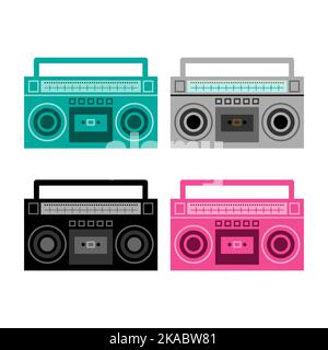 Retro boom box set. Audio cassette players, 1980s style. Stock Vector