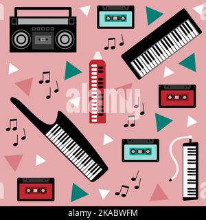 Seamless pattern with retro musical instruments and cassette tapes. Stock Vector