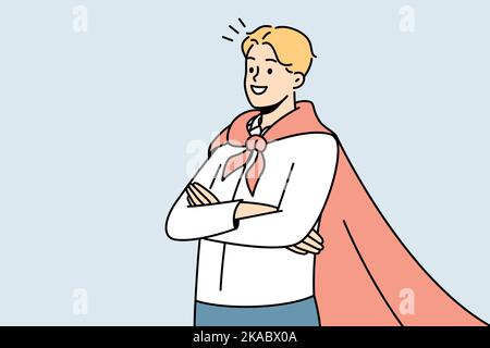 Smiling motivated man wearing superman coat satisfied with achievement or accomplishment. Happy successful businessman in superhero coat. Vector illustration.  Stock Vector