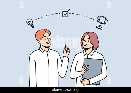 Smiling businesspeople brainstorm together for shared success or goal. Happy employees generate creative business ideas for achievement. Vector illustration.  Stock Vector