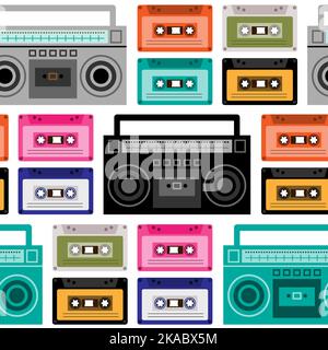 Seamless pattern with retro style cassettes and boom boxes. Stock Vector