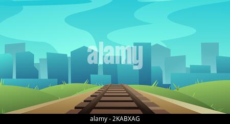 Railway track road to city on horizon. Path for train going into distance. Rails and sleepers. Cartoon fun style. Flat design. Vector. Stock Vector