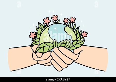 Person hands holding planet earth with blooming flowers. Activist or volunteer take care of environment. Nature protection concept. Vector illustration.  Stock Vector