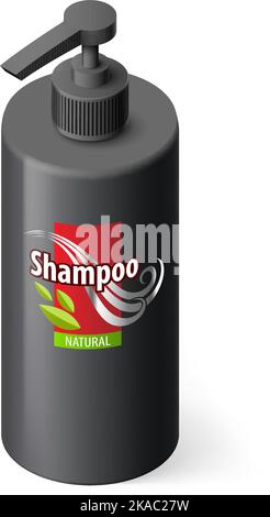 Single Black Bottle of Shampoo with Lable in Isometric Style Stock Vector