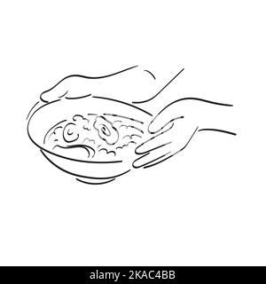 line art hand holding noodles in bowl illustration vector hand drawn isolated on white background Stock Vector