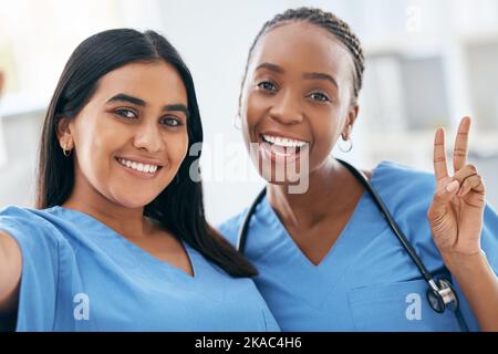 Nurses, medical students and women taking selfie for social media, collaboration or healthcare commitment in hospital. Happy, portrait and diversity Stock Photo