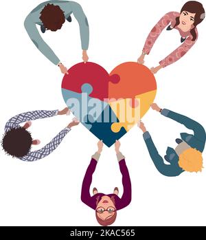 Group of people in circle top view multicultural volunteers holding a heart with puzzle pieces. NGO. Aid. Community of friends or volunteers for help Stock Vector