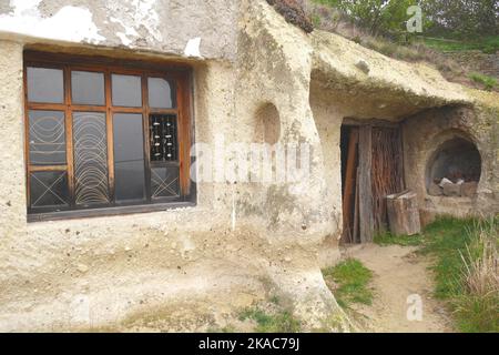 Noszvaj cave dwellings, artificial caves carved in soft rhyolite tuff, Noszvaj, near Eger, Hungary Stock Photo