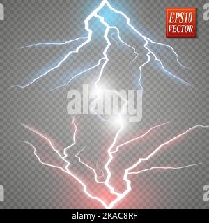 Hot and cold sparkling strength. Energy lightning with an electrical discharge isolated on a transparent background. Collision of two forces with red Stock Vector