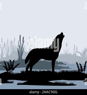 Lone wolf howls in swamp in fog among reeds. Silhouette picture. Wild animal in nature. Predator in natural conditions. Vector Stock Vector