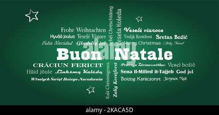 Merry Christmas vector lettering. In all European Union languages with white stars. Green back. All text are meaning Merry Christmas in English. Stock Vector