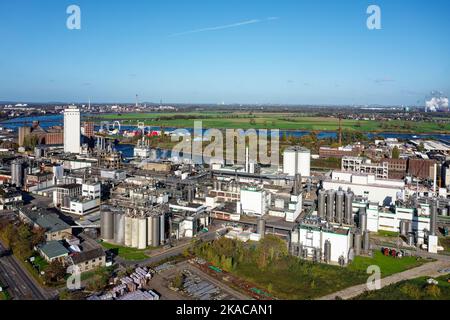 Corn starch factory at a harbor on the Rhine river, in North Rhine ...