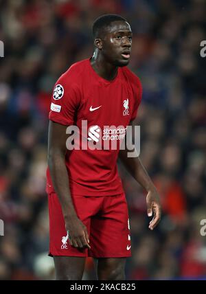 Liverpool, England, 1st November 2022.  Ibrahima Konate of Liverpool during the UEFA Champions League match at Anfield, Liverpool. Picture credit should read: Darren Staples / Sportimage Stock Photo