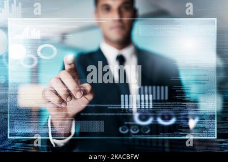 Futuristic hologram, businessman and fintech employee working on finance coding and graph. Future, screen and technology of a accounting business man Stock Photo