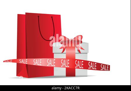 red gift bag andbox. The concept of a special offer of discounts, sales, shopping. Shopping for new year, christmas, women's day, valentine's day Stock Vector