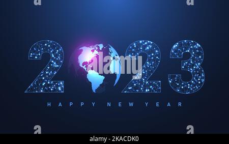 Modern futuristic template banner or cover for Merry Christmas and Happy New Year 2023 with connected lines and dots. Plexus geometric effect. Global Stock Vector