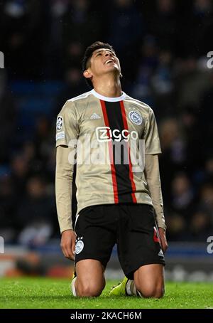 Glasgow, Scotland, 1st November 2022.  Edson Álvaraz of Ajax  during the UEFA Champions League match at Ibrox Stadium, Glasgow. Picture credit should read: Neil Hanna / Sportimage Stock Photo