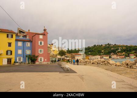 Piran, Slovenia - September 17th 2022. The waterfront of the historic medieval town of Piran on the coast of Slovenia Stock Photo